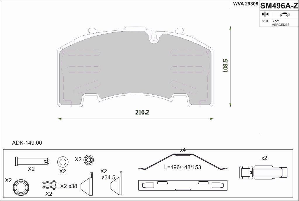 KLOCKI HAMULCA 29308 BPW ECO/SCHMITZ Z WYCIĘCIAMI PO OBU